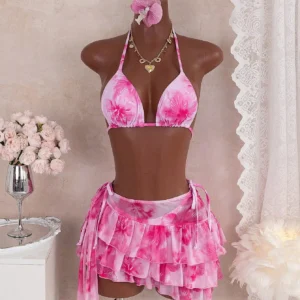 3pcs Watercolor Floral Halter Bikini Set With Ruffled Sarong Skirt